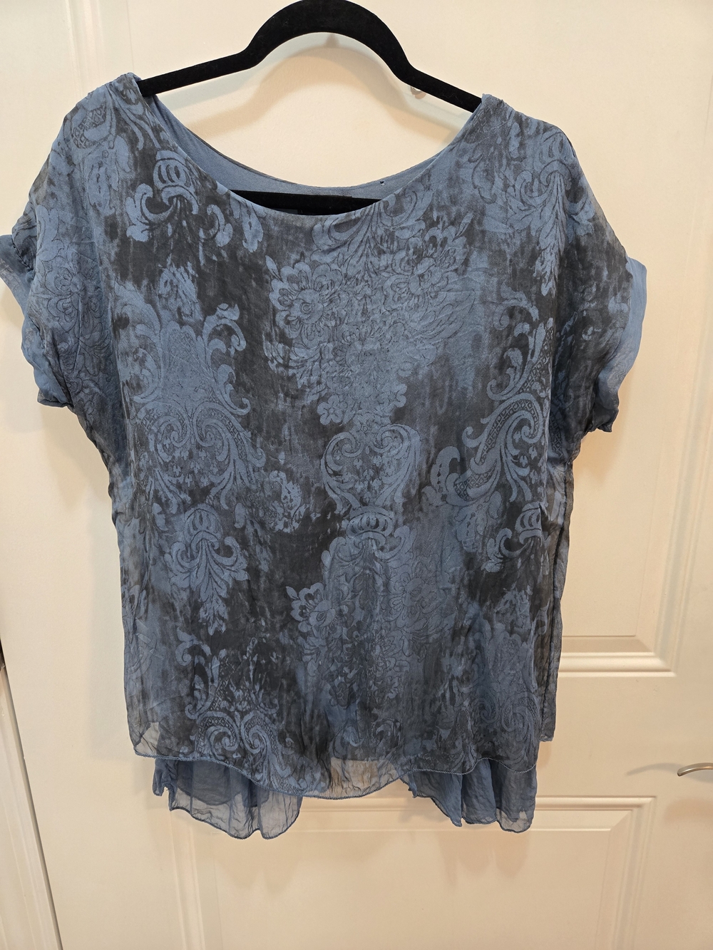 Carla Conti Italy Silk Damask Floral Layered Blouse Top Blue Women's Size S